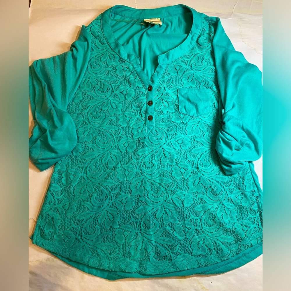 Self esteem pullover lace overlay Top Large 3/4 Sleeve teal green